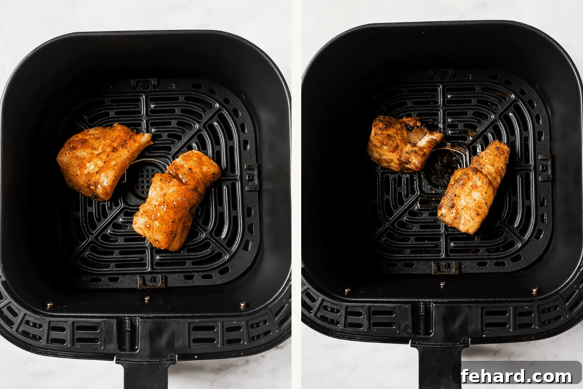Left image shows uncooked, seasoned cod fillets arranged in an air fryer basket. Right image shows perfectly cooked, golden brown cod fillets in the air fryer basket.