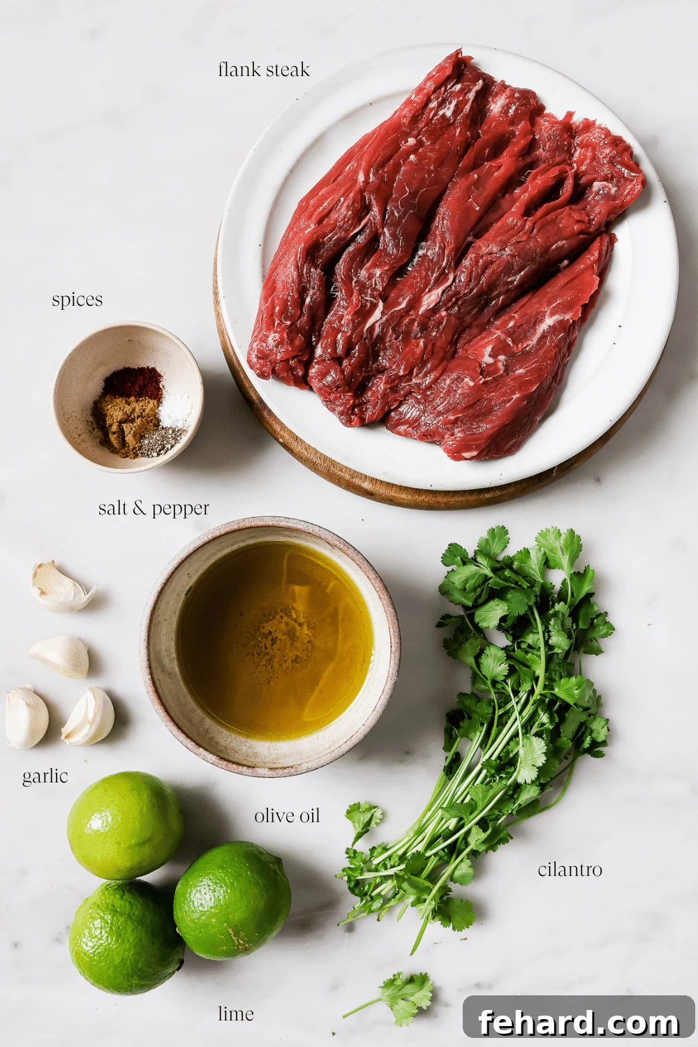 Carne asada ingredients against a white background.