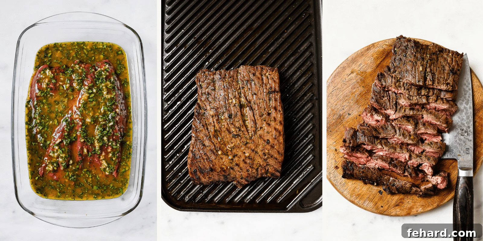 Left: steak marinating. Center: on the grill. Right: sliced on a cutting board.