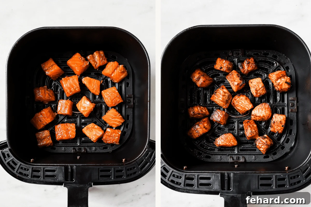Left: Raw marinated salmon bites arranged in an air fryer basket. Right: Golden-brown, cooked salmon bites in an air fryer basket after cooking.