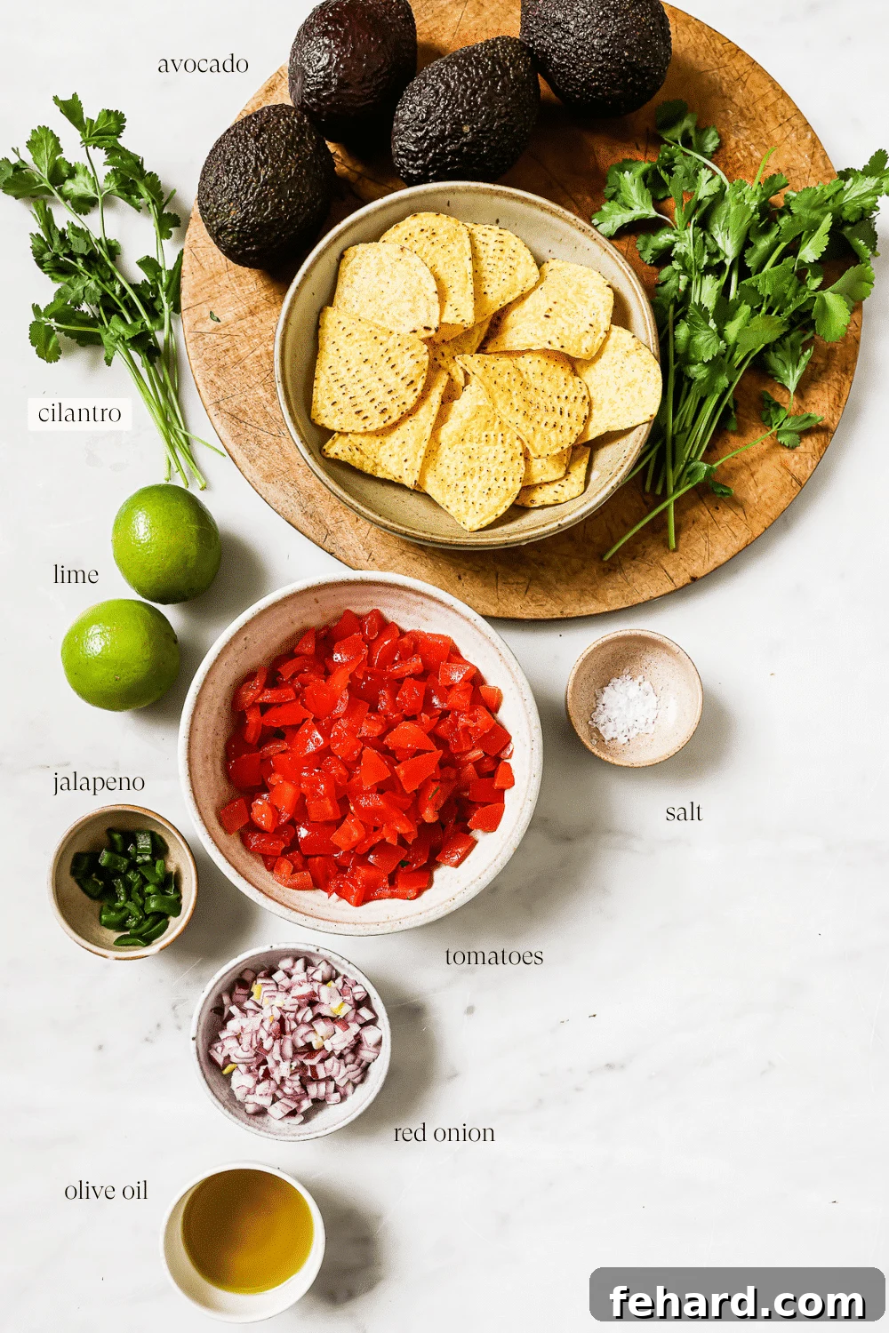Emerald Zing Salsa 3 Pre-measured ingredients for avocado salsa, including diced tomatoes, red onion, jalapeños, and avocados, along with fresh lime and cilantro.