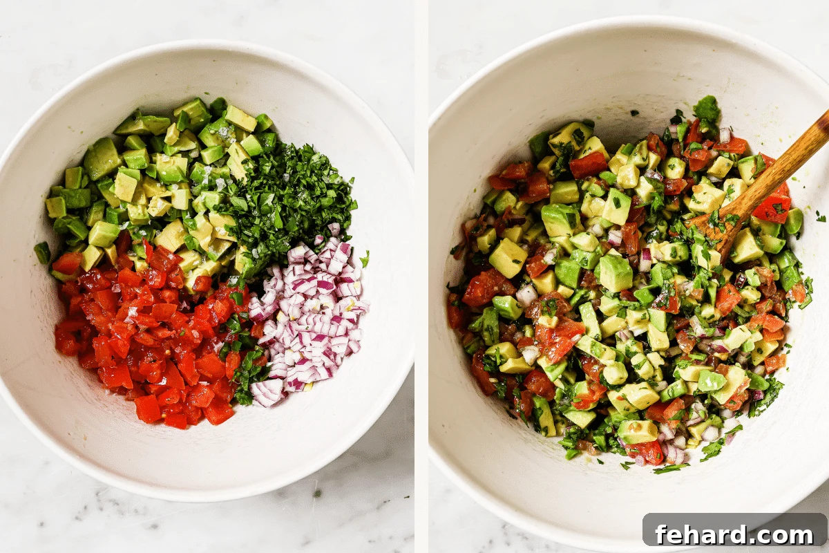 Emerald Zing Salsa 4 Left: avocado salsa ingredients in a bowl before mixing. Right: ingredients mixed together into a vibrant salsa.