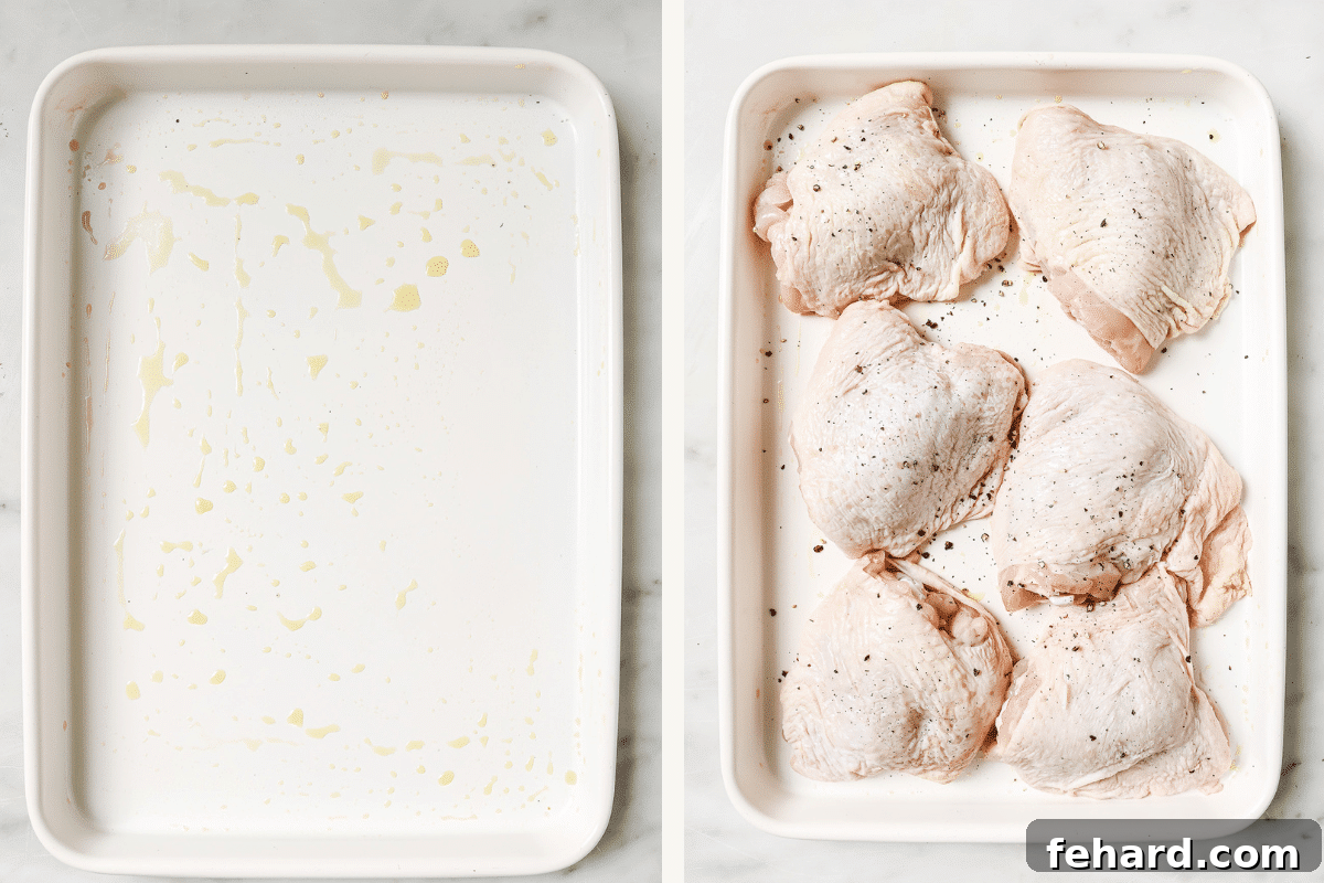 Golden Glazed Honey Mustard Chicken 4 Left: prepared baking sheet. Right: chicken thighs arranged on the baking sheet.