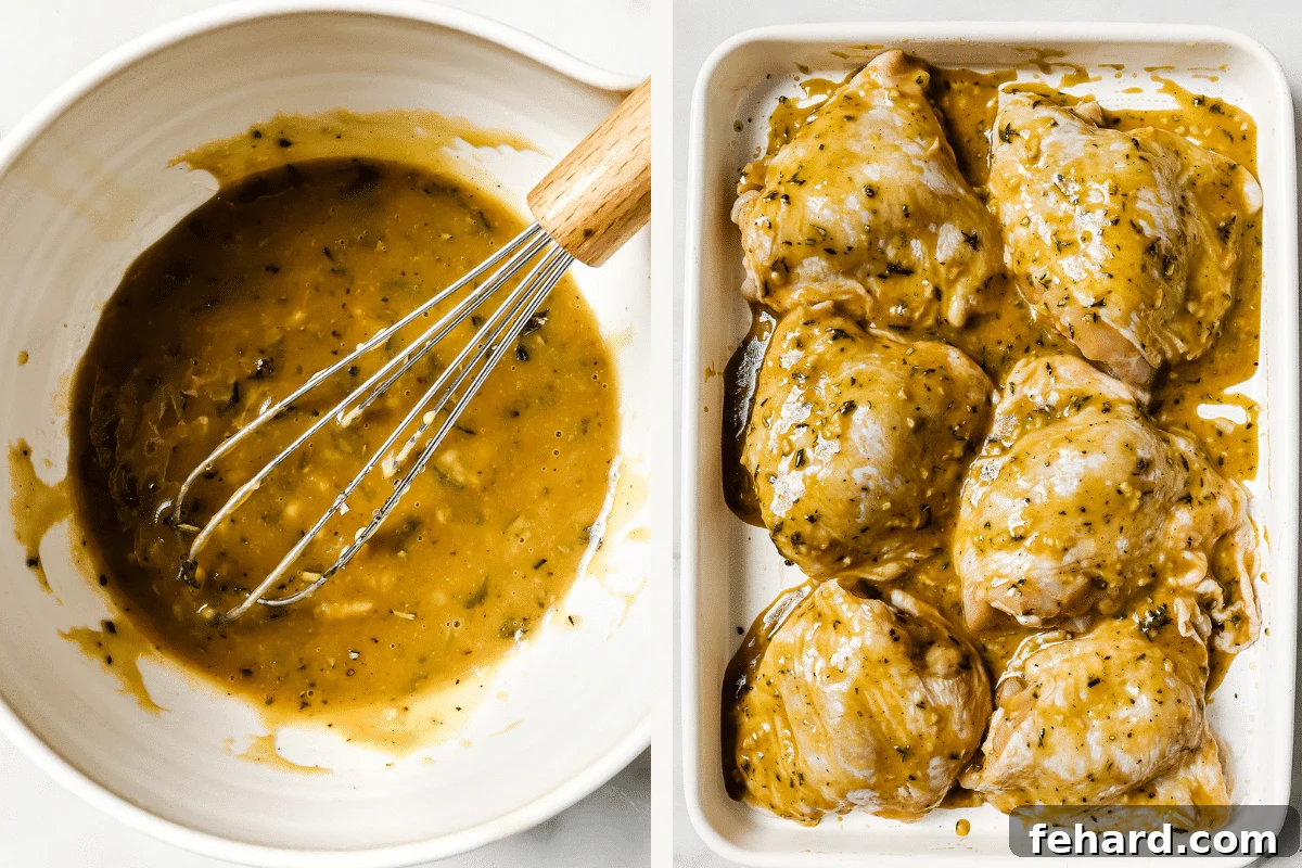 Golden Glazed Honey Mustard Chicken 5 Left: honey mustard sauce in a bowl. Right: sauce poured over chicken thighs.