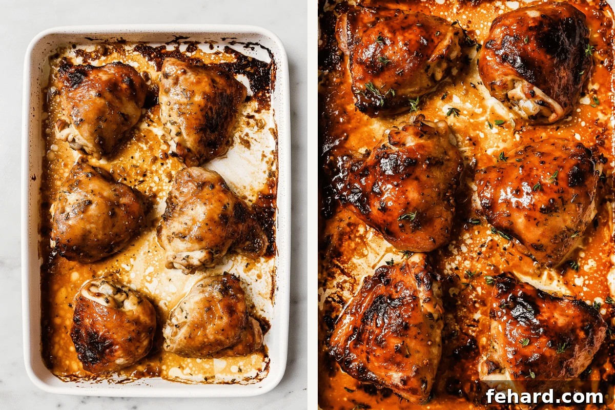 Golden Glazed Honey Mustard Chicken 6 Left: cooked chicken thighs on a baking sheet. Right: Thighs after they’ve been broiled.