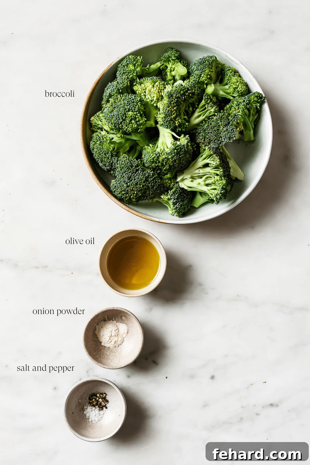 Quick & Crispy Air Fryer Broccoli 3 Bowls of pre-measured ingredients including fresh broccoli, olive oil, and seasonings.
