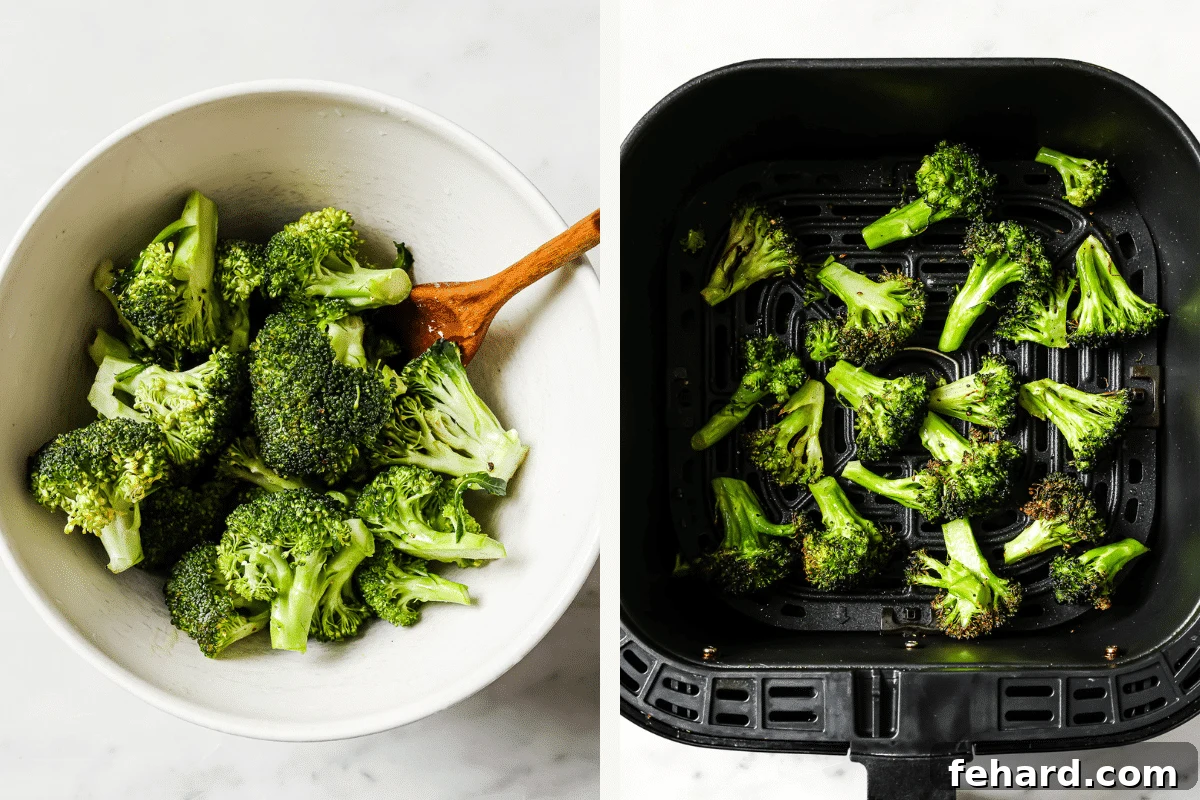 Quick & Crispy Air Fryer Broccoli 4 Left: uncooked broccoli in a bowl, perfectly seasoned. Right: cooked broccoli in an air fryer basket, showing crispy edges.