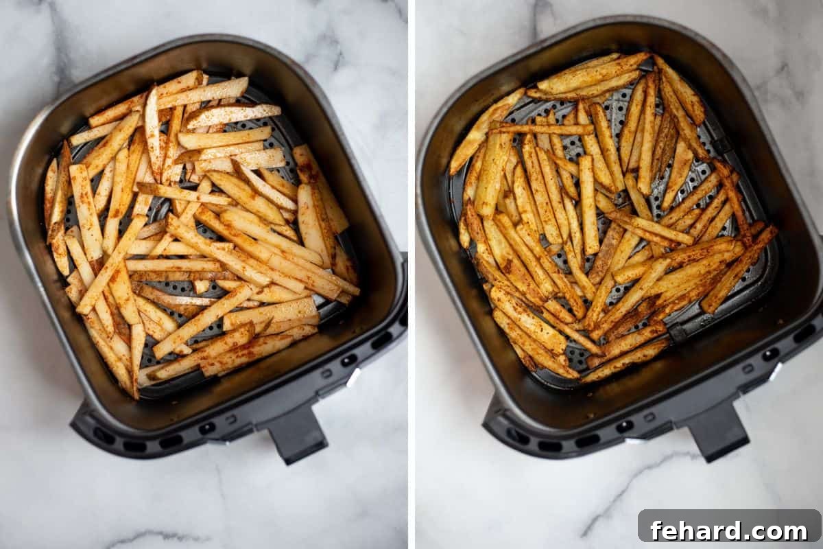 A side-by-side comparison image showing an air fryer basket filled with raw, seasoned potato strips on one side, and on the other, the same basket with perfectly golden-brown and crispy French fries after cooking.