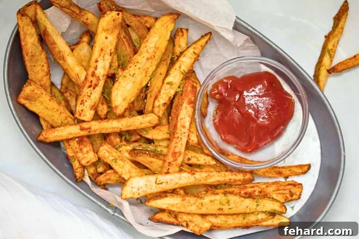 A delightful basket filled with golden, crispy air fryer French fries, perfectly arranged and ready to be dipped into a small ramekin of rich red ketchup.