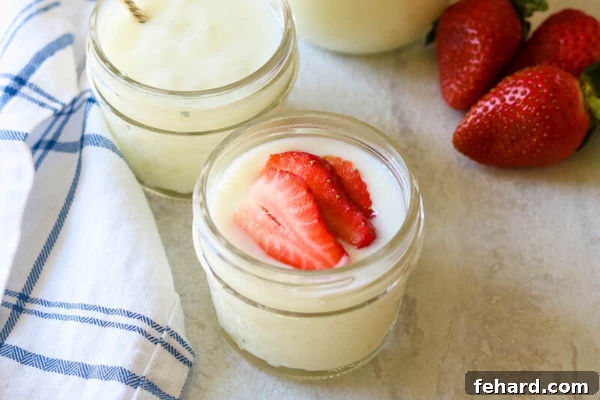 A beautifully presented bowl of creamy yogurt generously topped with vibrant, fresh strawberries, illustrating a simple yet delicious and healthy snack for kids.