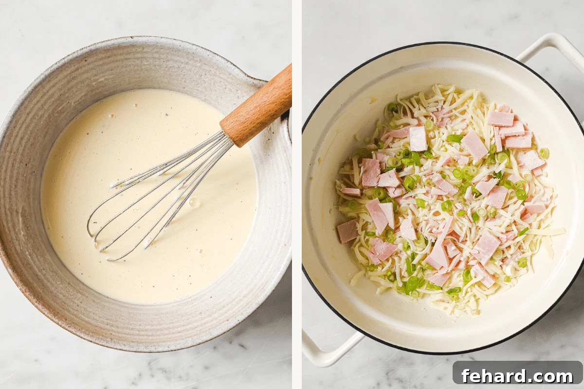 Left image shows eggs and heavy cream whisked together in a bowl. Right image shows diced ham, shredded cheese, and green onion layered in a pie dish.
