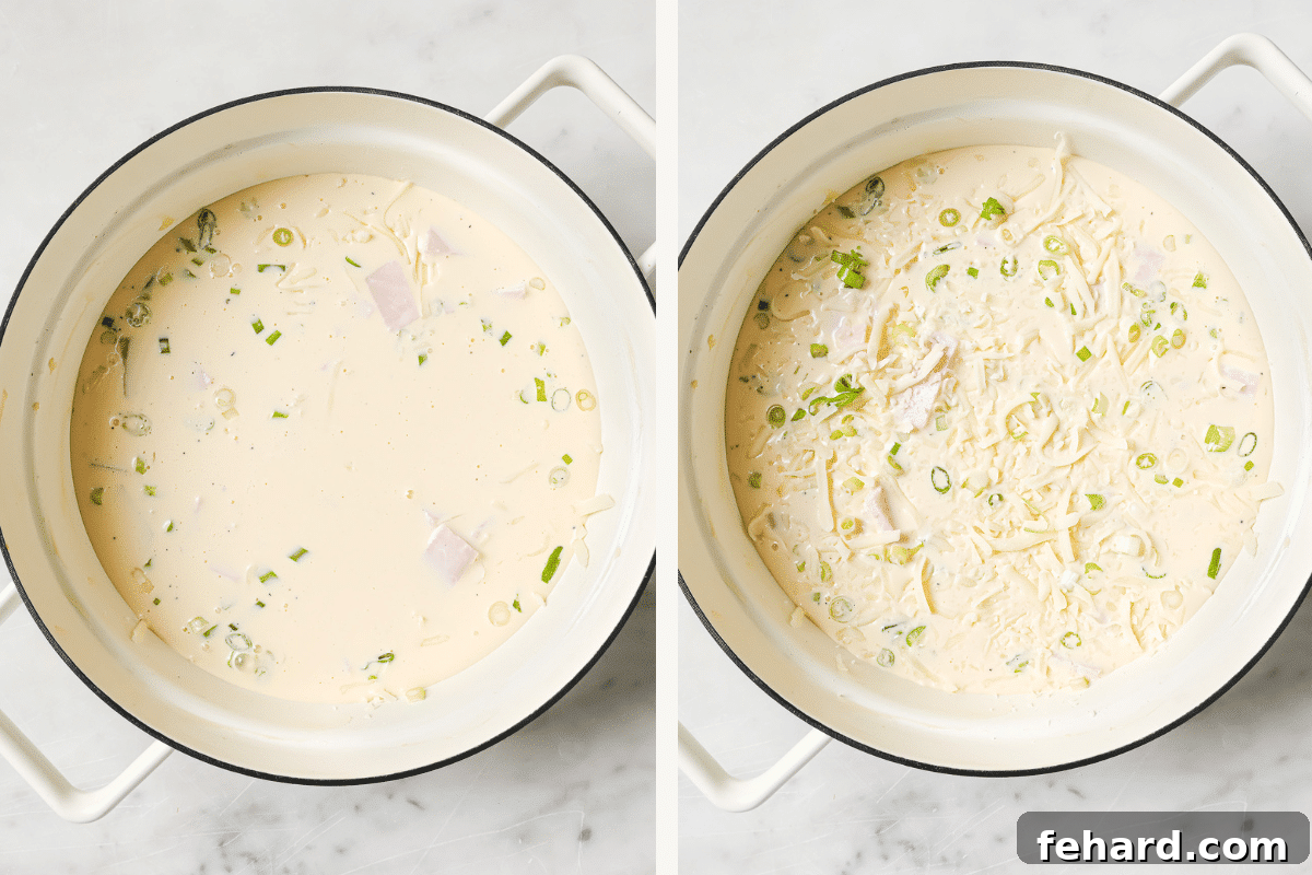 Left image displays the egg mixture being poured into the pie dish over the initial layer of fillings. Right image shows the remaining ham, cheese, and green onion sprinkled on top of the poured egg mixture.