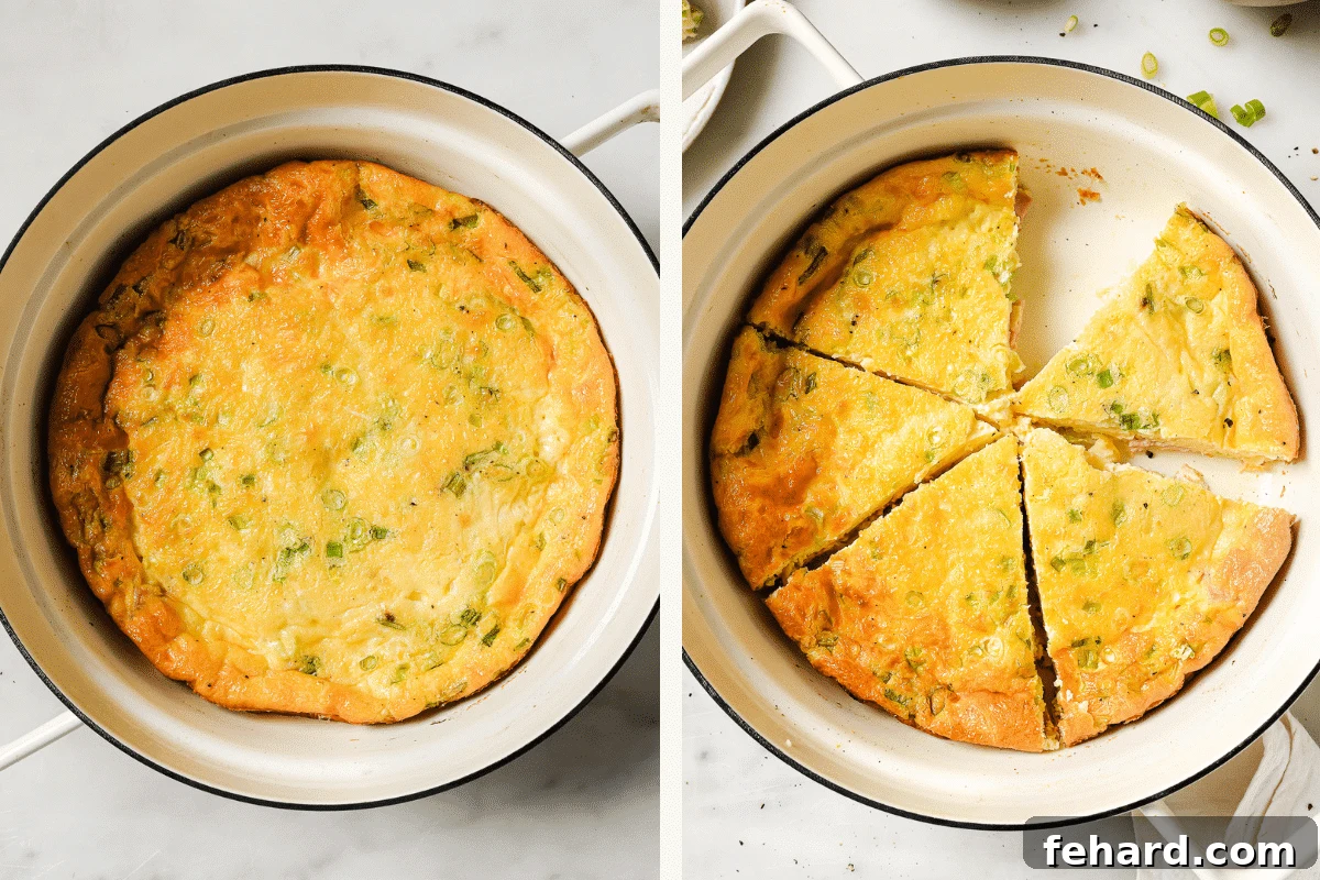 Left image shows the perfectly cooked crustless quiche with a golden-brown top, fresh out of the oven. Right image shows the quiche expertly cut into neat slices within the pie dish.