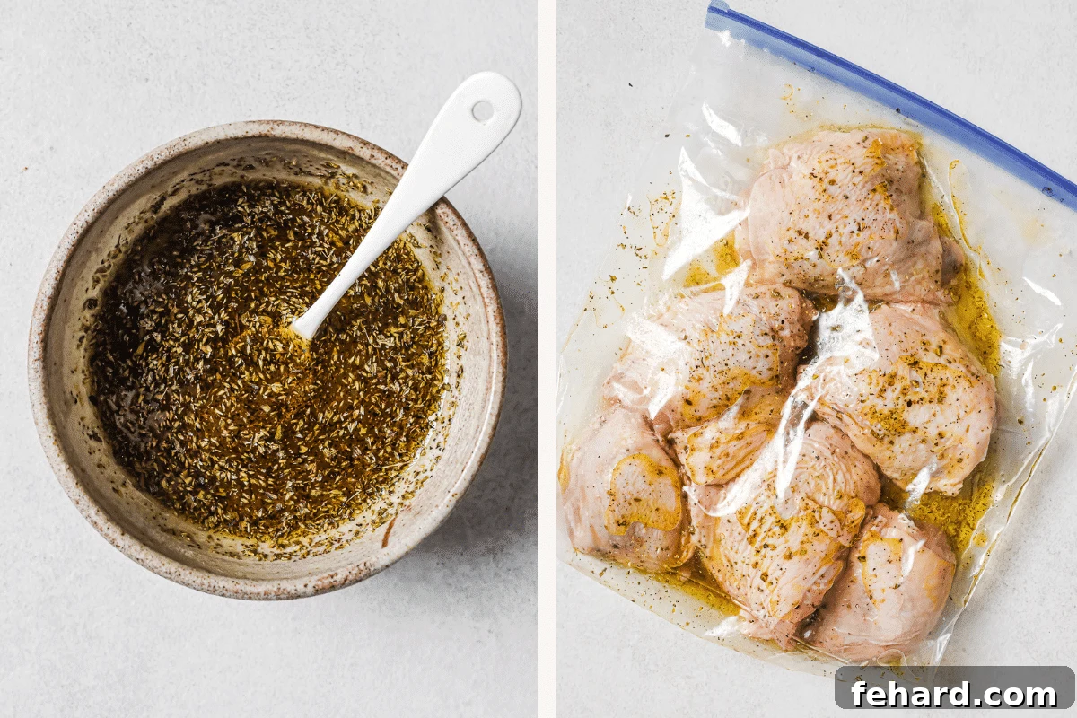 Zesty Lemon Chicken Thighs 4 Left: A small bowl containing the freshly mixed lemon garlic marinade, ready for the chicken. Right: Bone-in chicken thighs tossed with the vibrant marinade, sealed in a plastic bag to absorb flavors in the refrigerator.