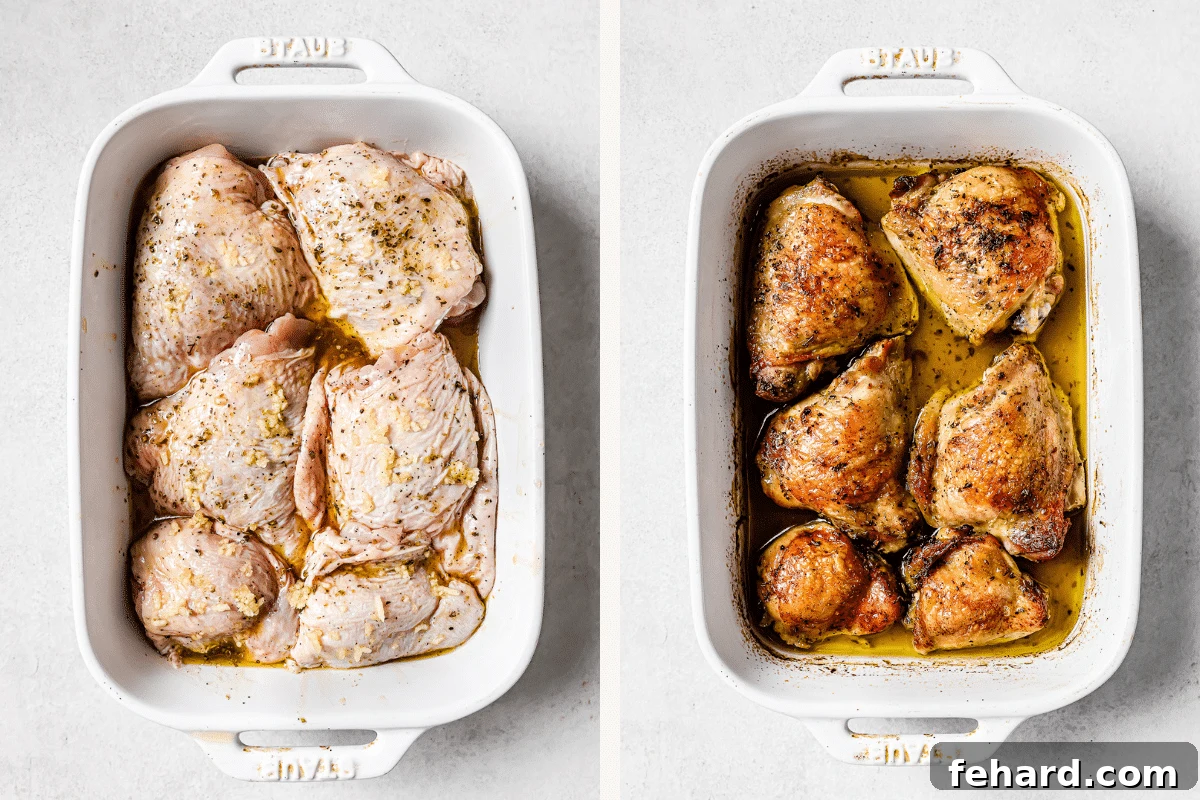 Zesty Lemon Chicken Thighs 5 Left: Raw, marinated chicken thighs neatly arranged in a baking dish, skin side up, ready for the oven. Right: Perfectly roasted lemon chicken thighs, golden brown and cooked to perfection, cooling in the same baking dish after roasting.