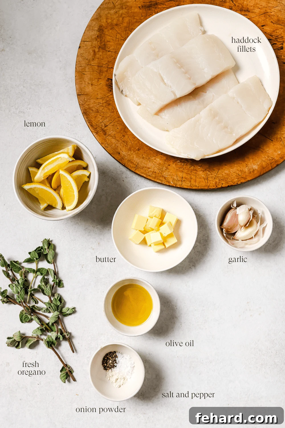 Pan-Seared Garlic Butter Haddock 3 Pre-measured ingredients for garlic butter haddock.
