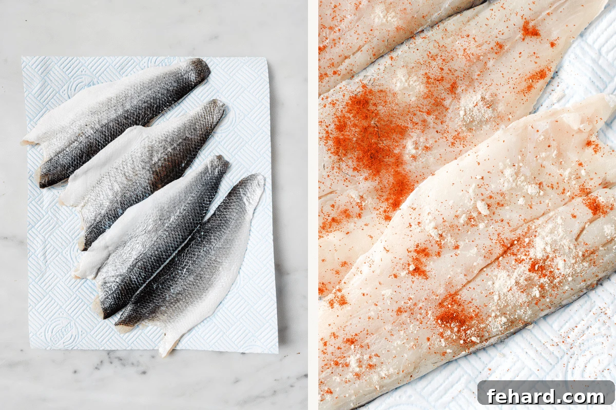 Succulent Garlic Butter Sea Bass Recipe 3 Left: sea bass fillets skin-side up on a paper towel. Right: seasoned sea bass fillets ready for cooking.