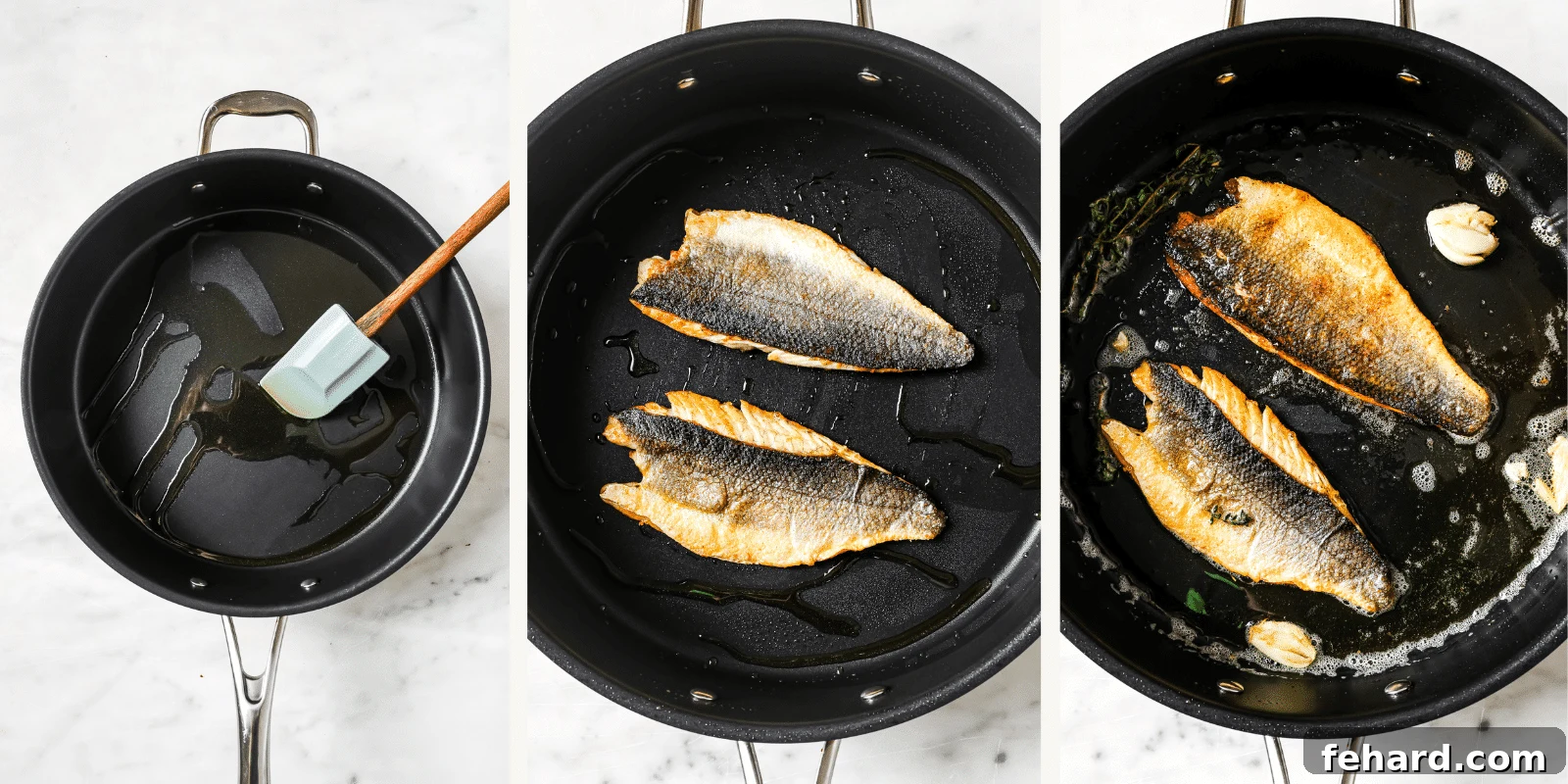 Succulent Garlic Butter Sea Bass Recipe 4 Searing and basting sea bass fillets in garlic butter in a skillet with fresh thyme.