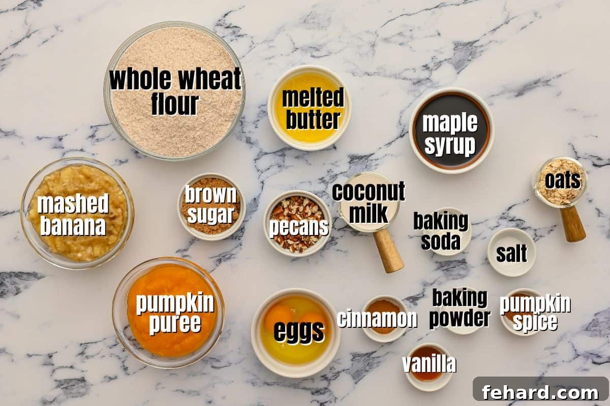 Various ingredients for pumpkin banana muffins, including flour, spices, bananas, and pumpkin puree, neatly laid out on a kitchen counter.
