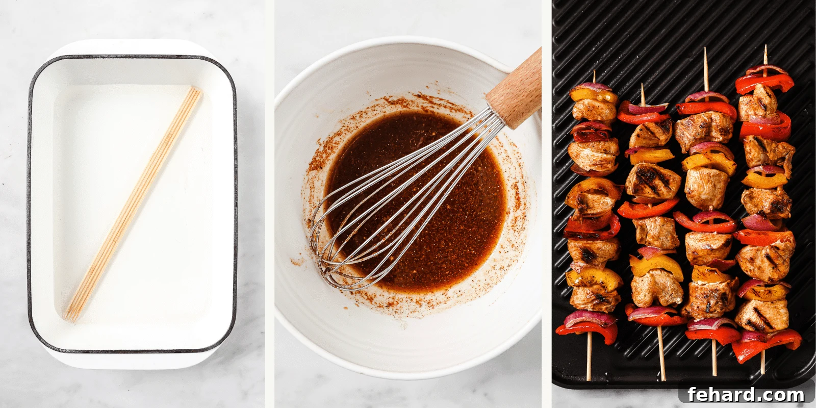 Left: wooden skewers soaking in water. Center: marinated chicken in a bowl. Right: chicken kabobs cooking on an outdoor grill, showing the cooking process.