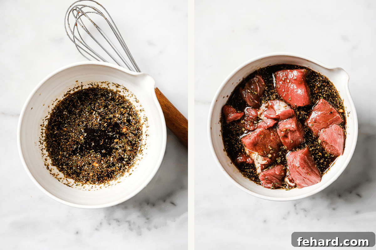 Left: Marinade ingredients in a bowl, ready to be mixed. Right: Cubes of sirloin steak added to the prepared marinade in a bowl, ready for refrigeration.