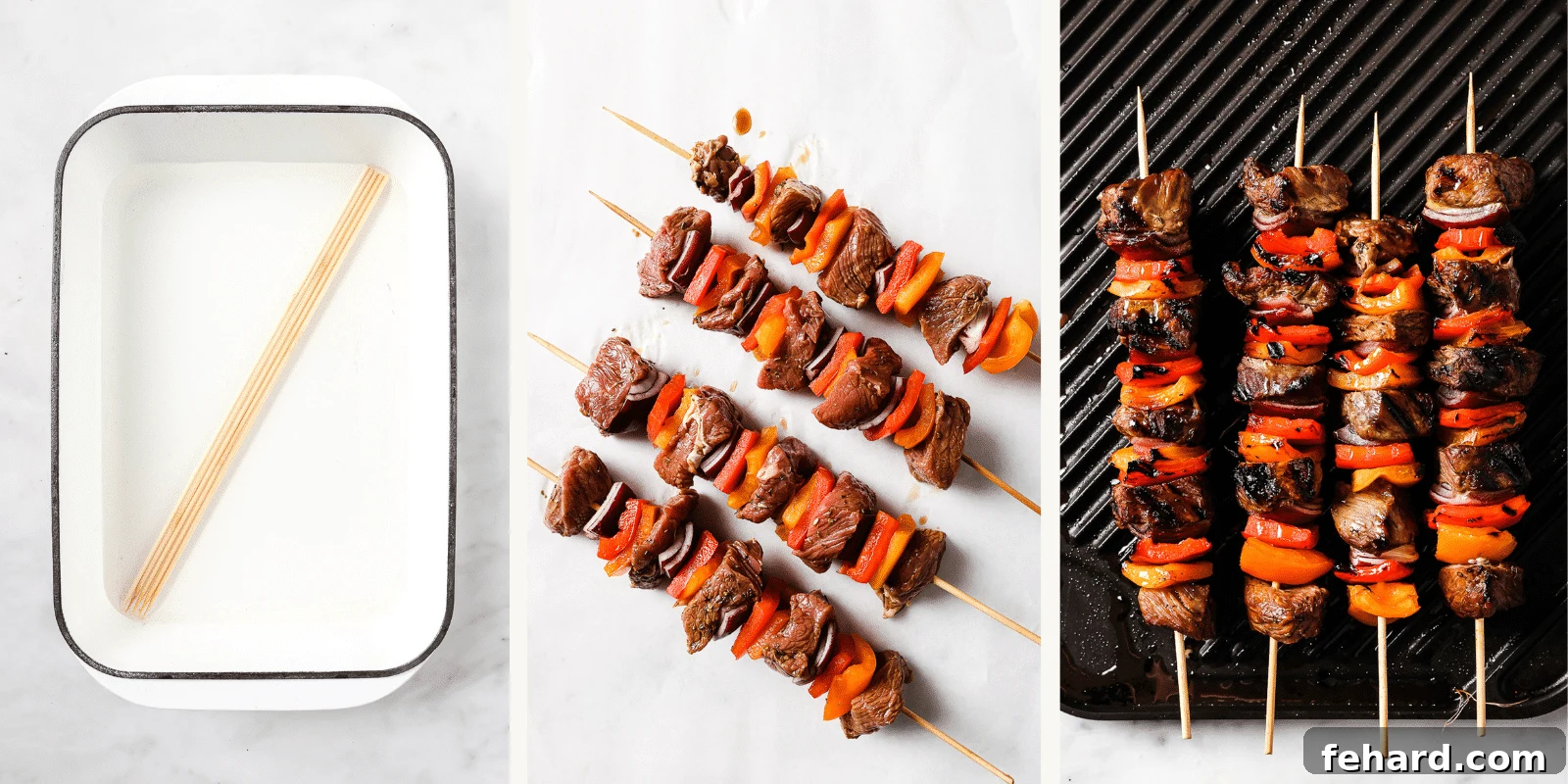 Left: Wooden skewers soaking in water to prevent burning. Center: Assembled beef and vegetable kebabs ready for grilling. Right: Kebabs sizzling on a hot grill, showing developing char marks.