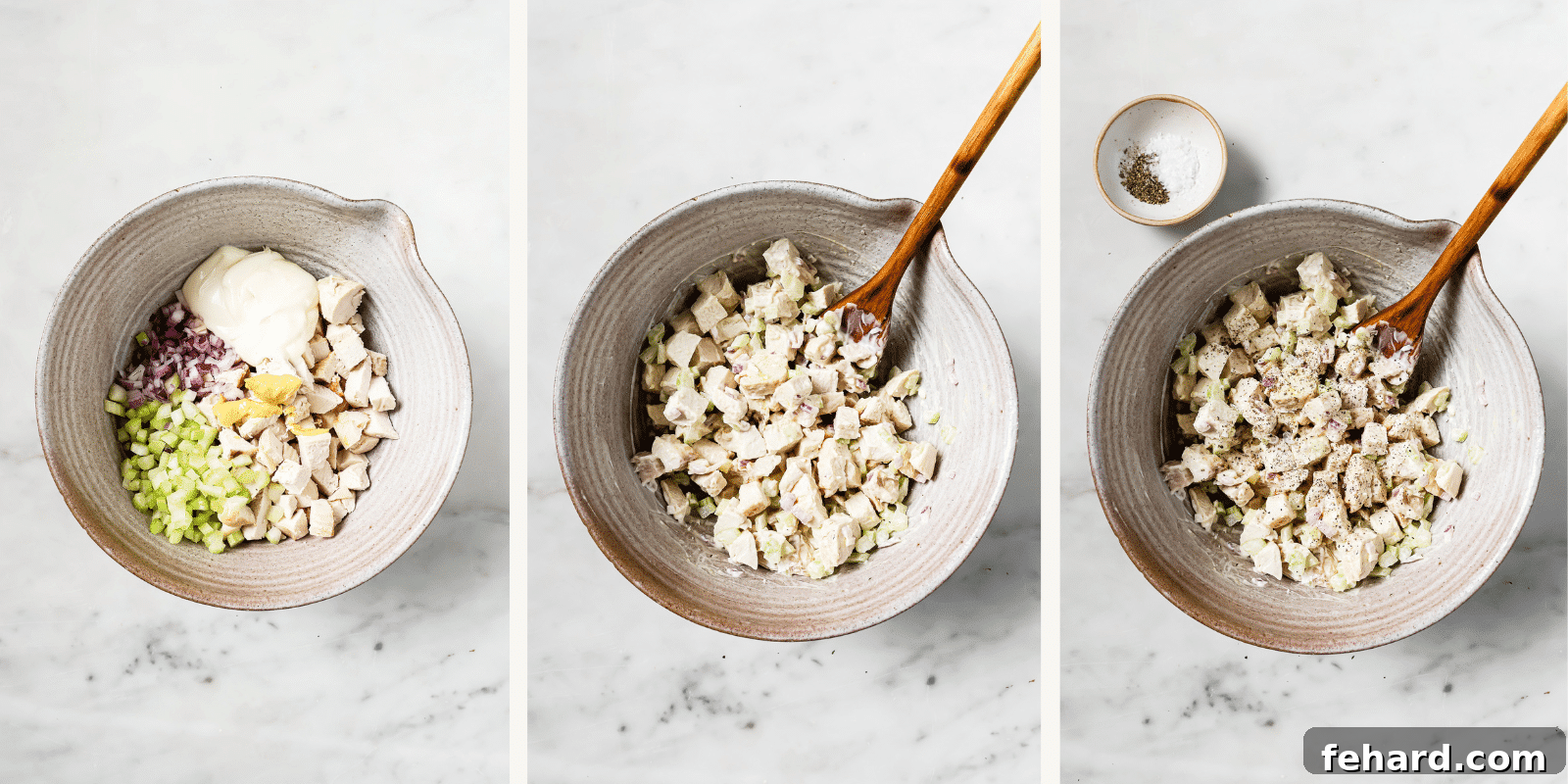 Signature Chicken Salad 4 A visual guide showing step-by-step instructions for preparing chicken salad in a mixing bowl.
