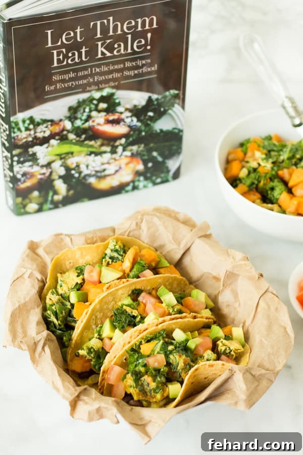 Delicious Superfood Breakfast Tacos recipe with a cookbook in the background