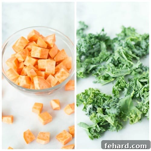 A colorful array of fresh ingredients for Superfood Breakfast Tacos, including kale, sweet potatoes, eggs, and spices