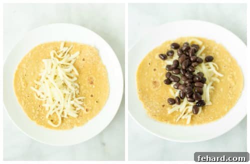 A step-by-step image showing the assembly of Superfood Breakfast Tacos with tortillas, cheese, and black beans