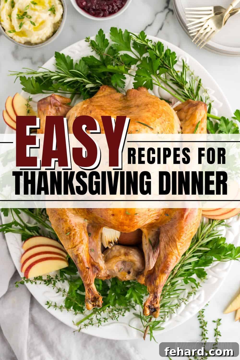 A perfectly golden-roasted turkey on a pristine white platter, garnished with fresh rosemary and cranberries, embodying the essence of easy Thanksgiving recipes.