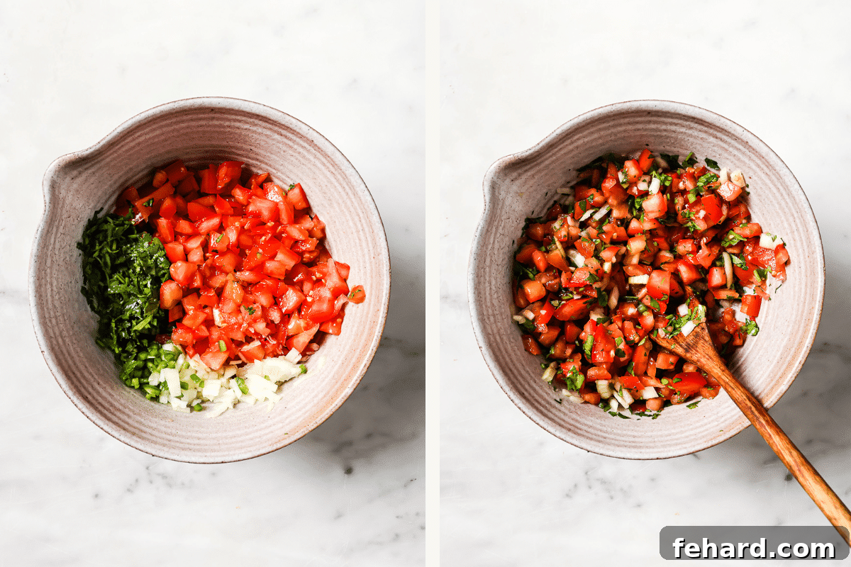 Vibrant Fresh Salsa 4 A visual progression of Pico de Gallo preparation: diced ingredients in a mixing bowl on the left, and the fully mixed and vibrant Pico de Gallo on the right.