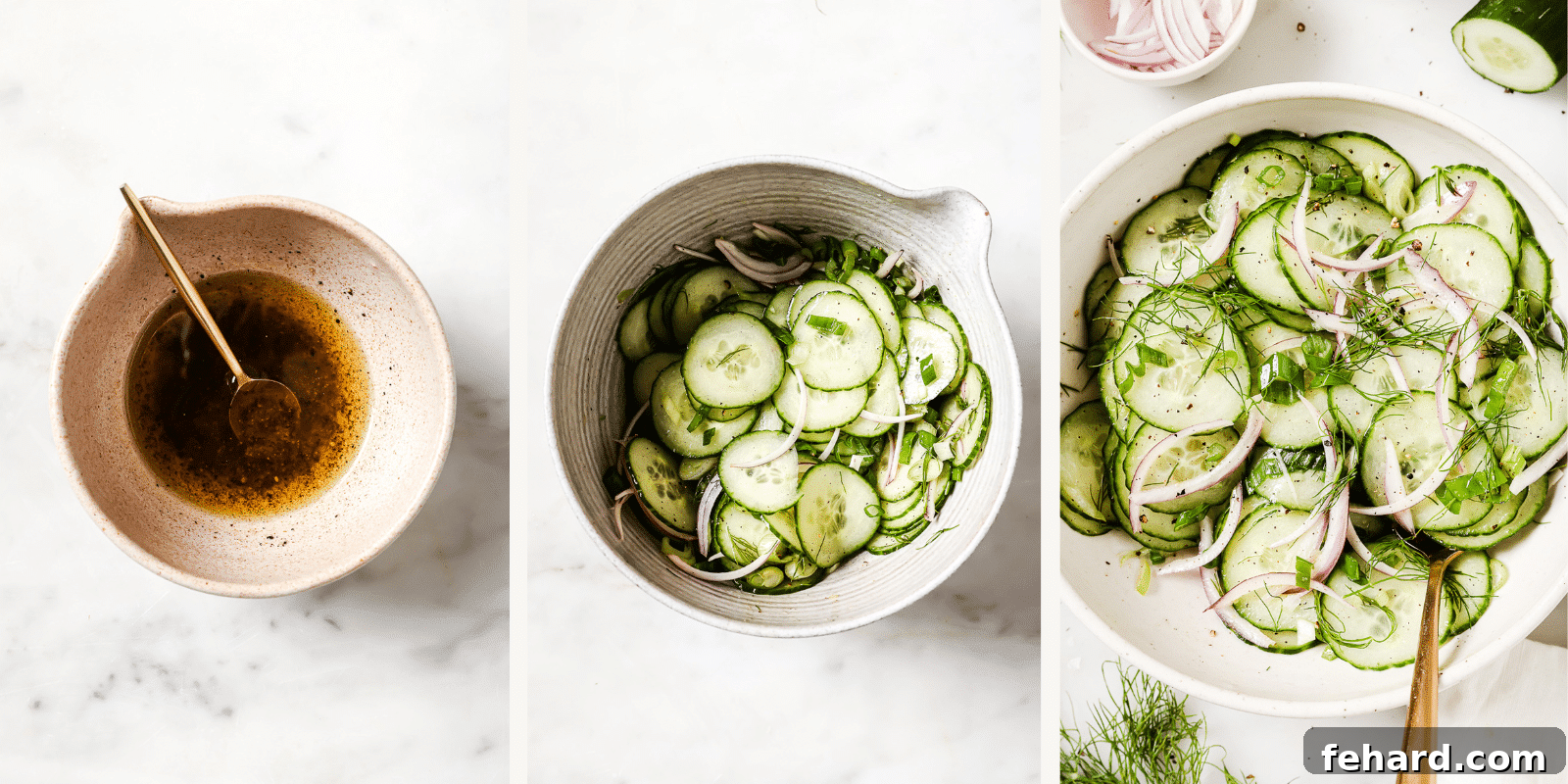 A sequence of images showing the steps for making cucumber salad, from slicing to mixing ingredients in a bowl.