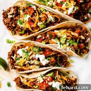 Ground Beef Tacos on a counter top, beautifully arranged