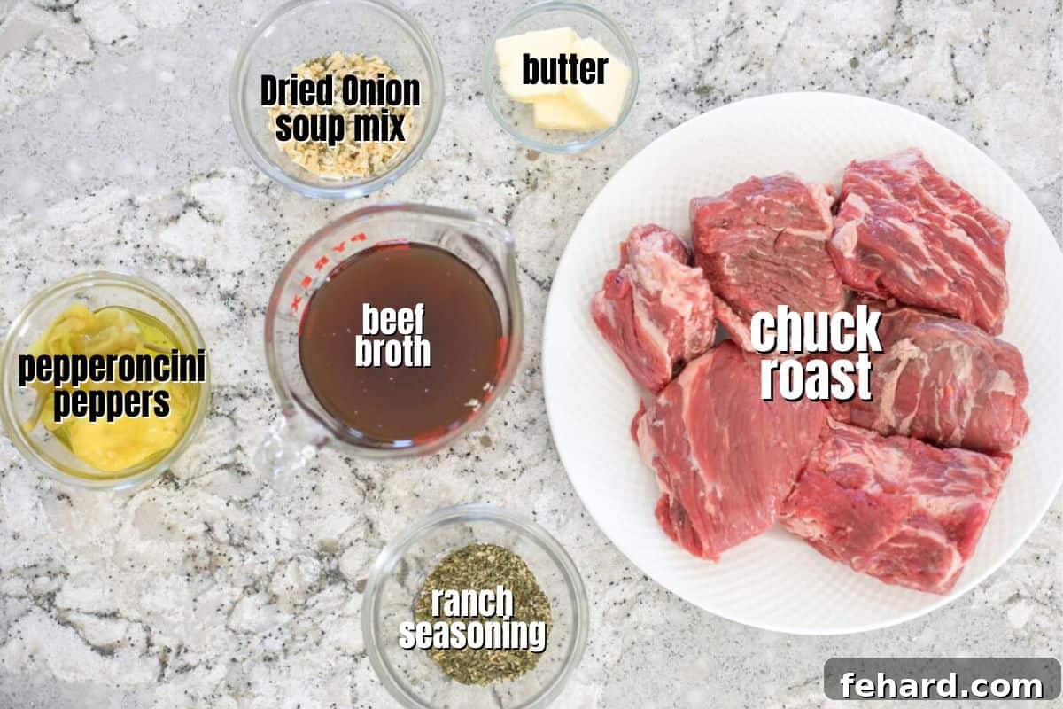Ingredients for Mississippi pot roast labeled on counter.