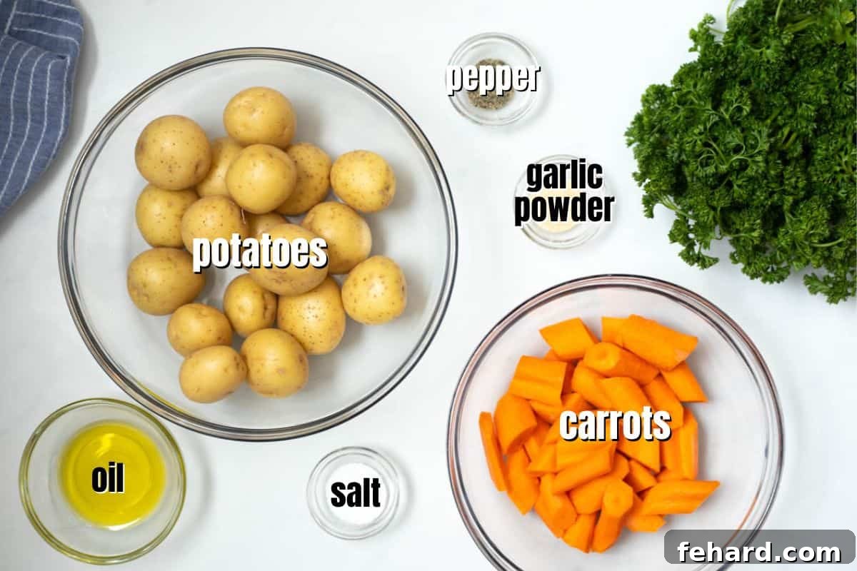 Labeled ingredients for making roasted potatoes and carrots, including potatoes, carrots, olive oil, and seasonings, neatly arranged on a kitchen counter.