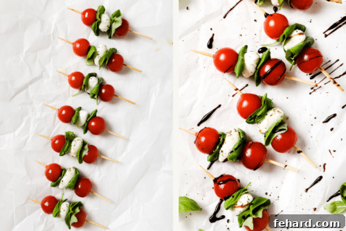 Fresh Caprese Bites 11 Caprese skewers on a parchment paper.