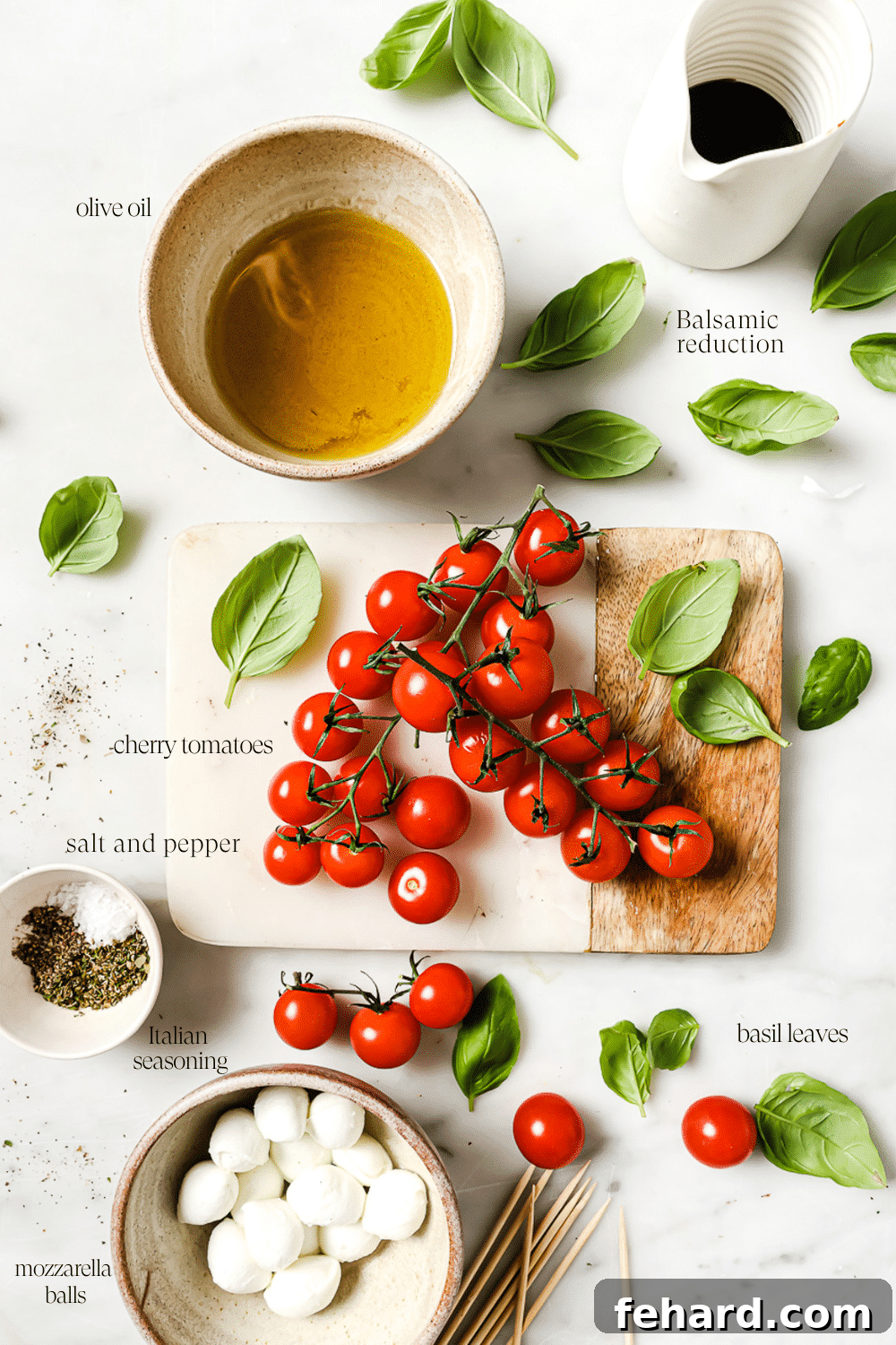 Fresh Caprese Bites 3 Pre-measured ingredients on a white marble countertop.