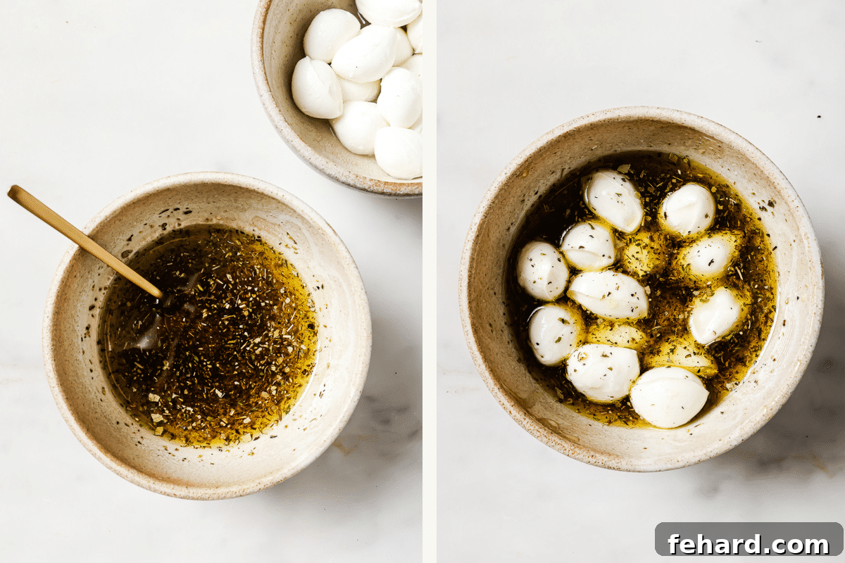 Fresh Caprese Bites 4 Mozzarella balls marinating in seasoned olive oil.