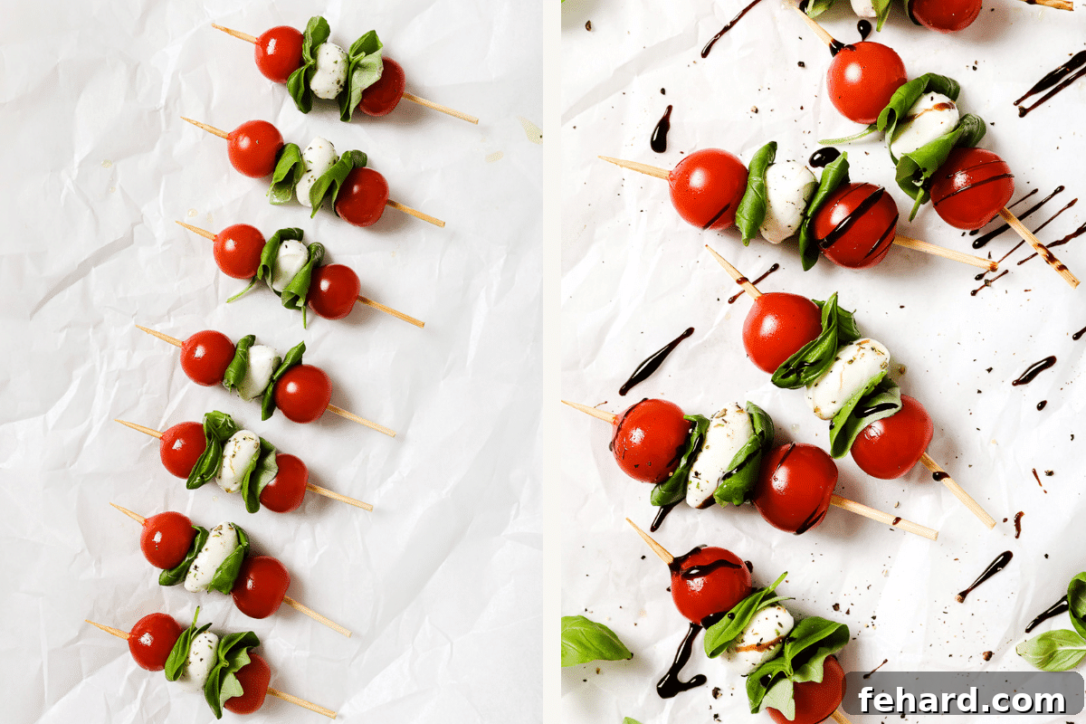 Fresh Caprese Bites 5 Caprese skewers assembled and drizzled with balsamic reduction.
