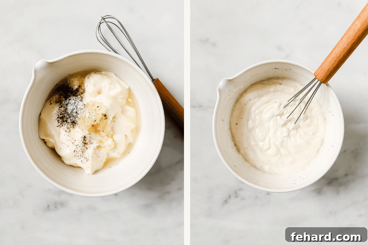 Left: Individual ingredients for garlic aioli placed in a bowl before mixing. Right: The same bowl with all ingredients whisked together into a smooth, creamy aioli.