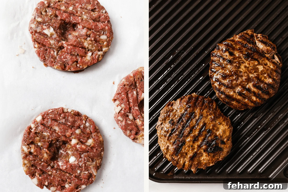 The Ultimate Homemade Burger 5 Split image showing uncooked hamburger patties on parchment paper on the left, and sizzling cooked hamburger patties with grill marks on the right, on a hot grill.
