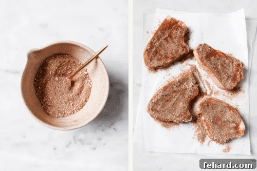 Flame-Kissed Pork Chops 6 spices in a bowl and raw pork chops with dry spices