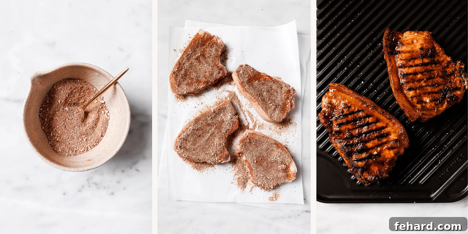 Flame-Kissed Pork Chops 3 Left: a bowl of seasonings. Center: seasoned pork chops. Right: pork chops on a grill.