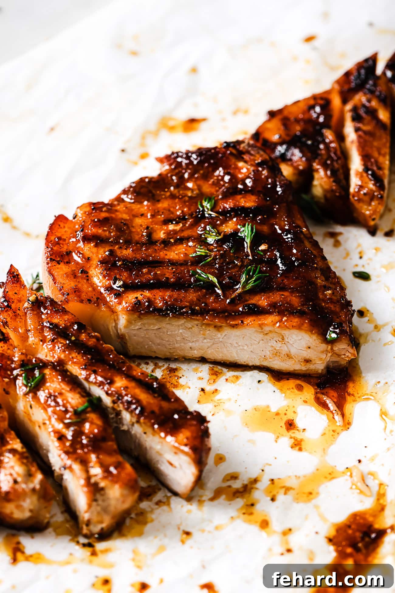 Flame-Kissed Pork Chops 4 Grilled pork chops sliced and garnished with fresh thyme.