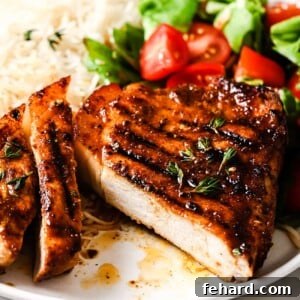 closeup of grilled pork chops on a plate with rice and salad