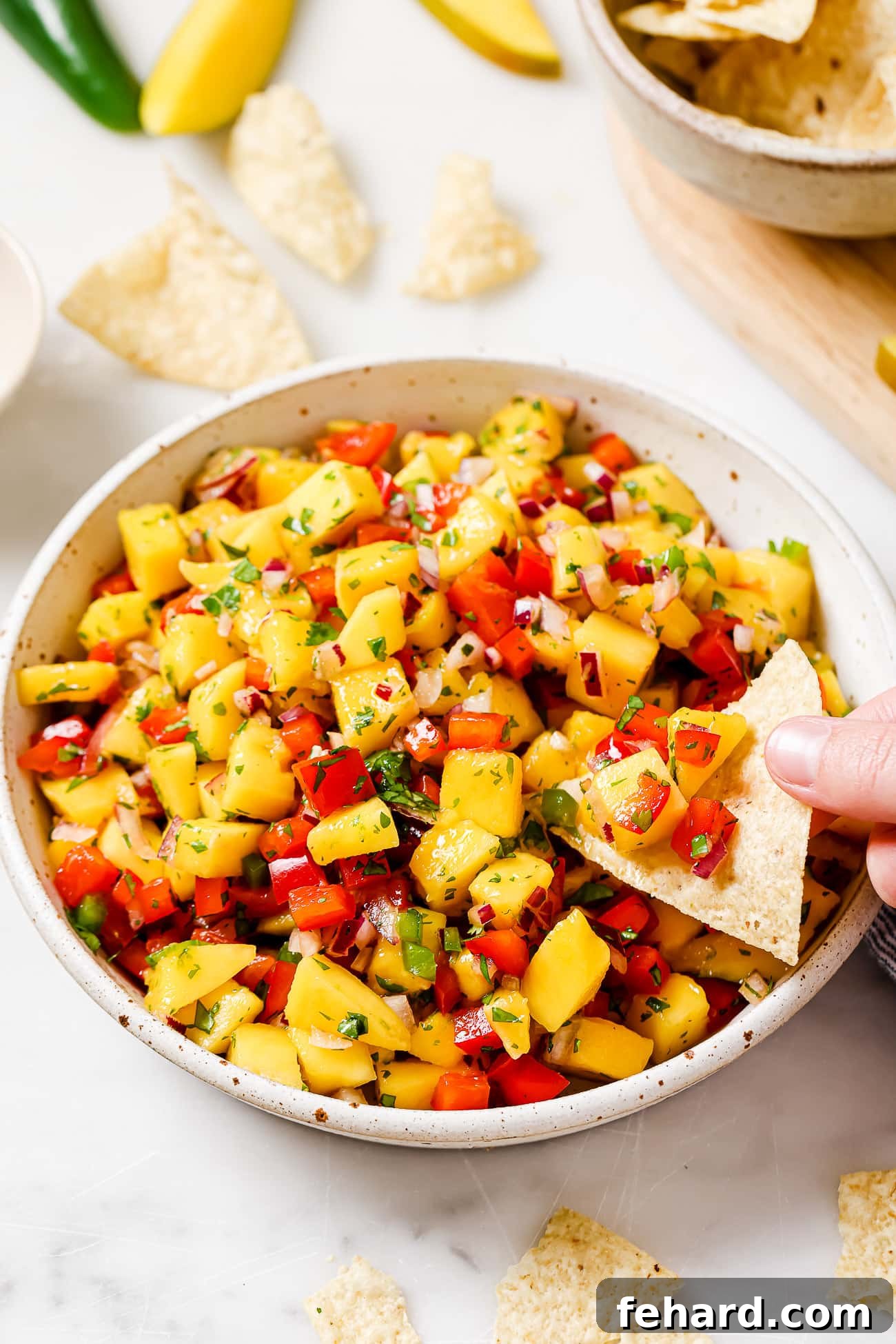 Sweet Heat Mango Salsa 2 An overhead view of a tortilla chip scooping vibrant mango salsa from a large bowl, showcasing its fresh colors and inviting texture.