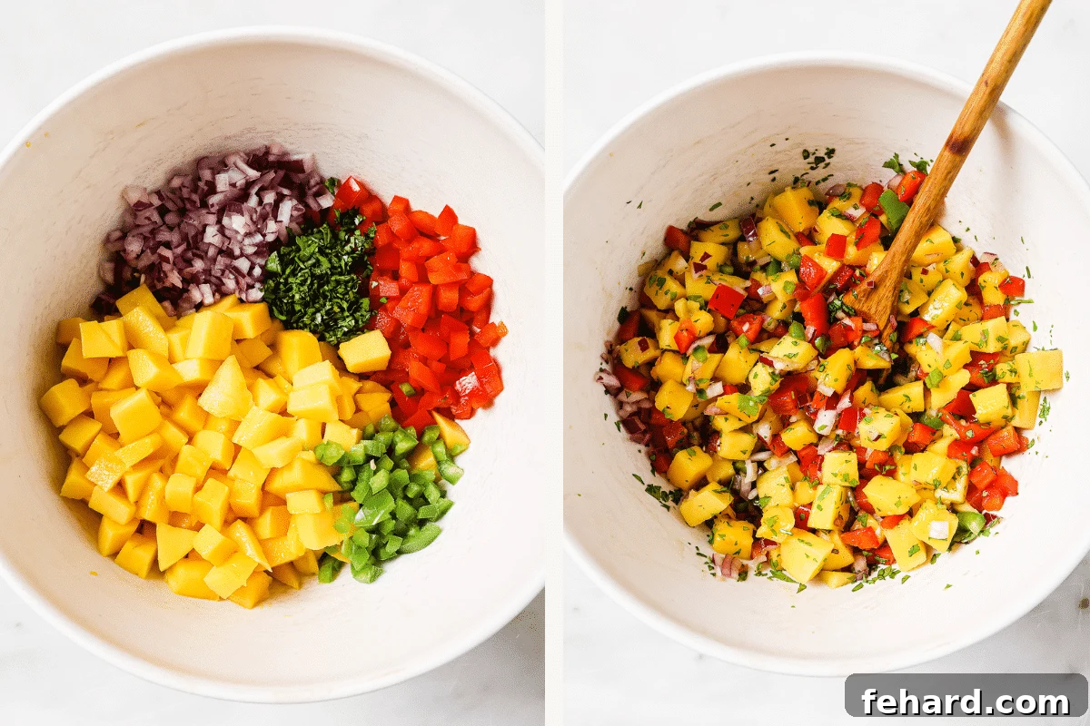 Sweet Heat Mango Salsa 4 Left side shows a bowl of freshly chopped mango salsa ingredients before mixing. Right side shows a vibrant, mixed bowl of finished mango salsa, beautifully combined and ready to be served.