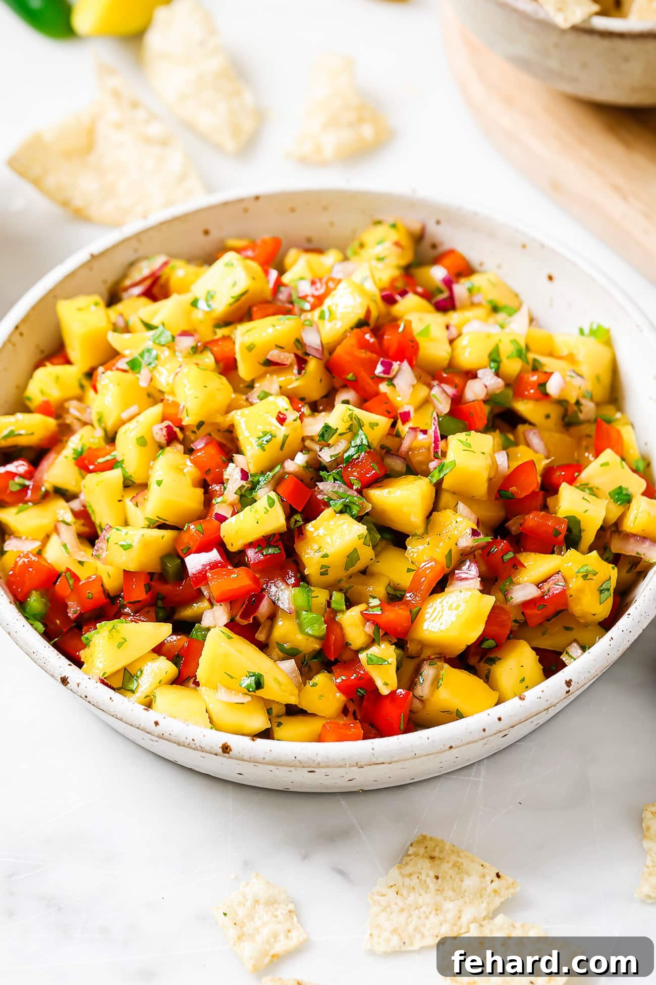 Sweet Heat Mango Salsa 5 An overhead close-up view of vibrant mango salsa in a large white bowl, garnished with fresh cilantro, ready for serving.
