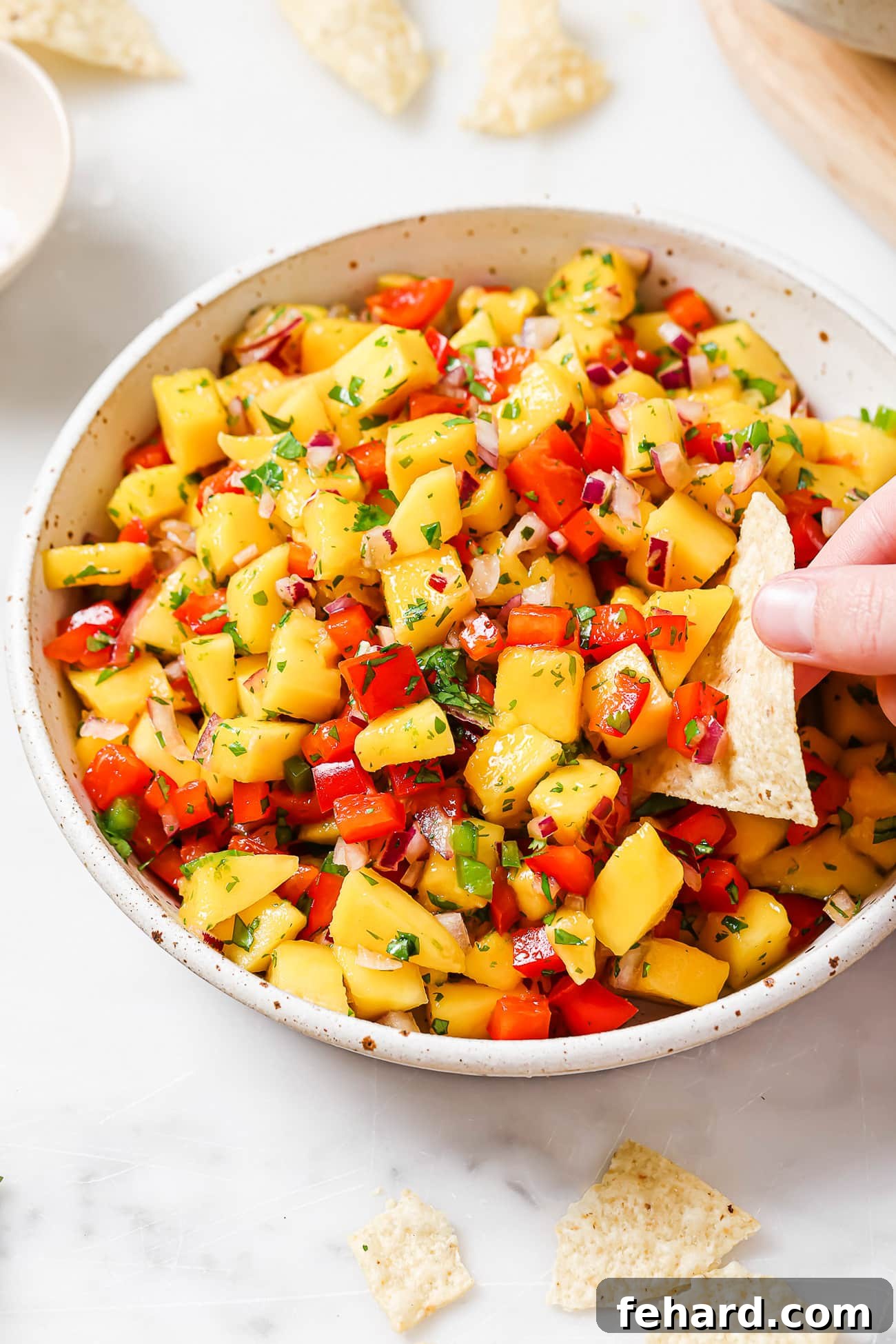 Sweet Heat Mango Salsa 6 An overhead view of a tortilla chip scooping vibrant pineapple salsa out of a small white bowl, showing its chunky texture and fresh ingredients.